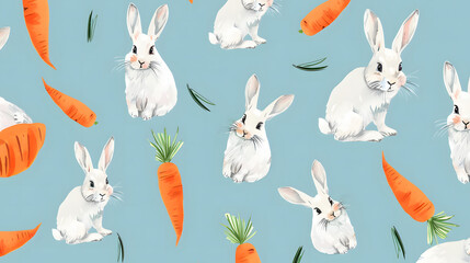 Adorable White Rabbits and Fresh Carrots Seamless Pattern Delightful Springtime Design Perfect for Textile Prints Easter Decor Kids Apparel Fabric Backgrounds
