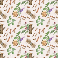 Farmhouse style seamless pattern with vetiver roots, patchouli flower and leaves, and sandalwood. Watercolor hand-painted elements on beige background. For fabric, gift paper, wallpaper, and more