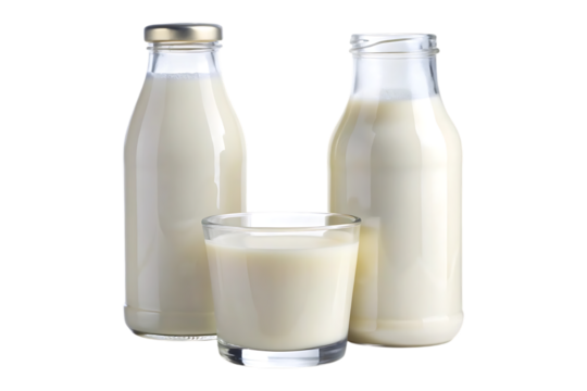 glass of milk and bottle of milk isolated image on transparent background
