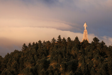 Sacred Heart of Jesus on the hill of Santa Barbara under stormy sky in Alcaraz town