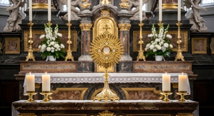 Catholic church altar eucharist monstrance candles and flowers religious ceremony and worship service gold