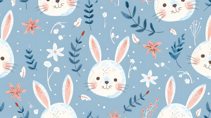 Delightful bunny rabbit pattern featuring charming floral elements on a soft blue background ideal for textile design children's apparel and spring themed projects