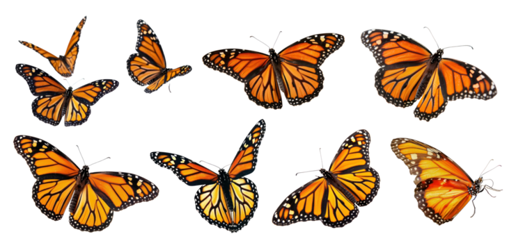 PNG Vibrant monarch butterflies fluttering, element set on transparent background