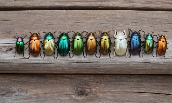 Iridescent Jewel Beetles Displaying a Spectrum of Colors on Wooden Surface