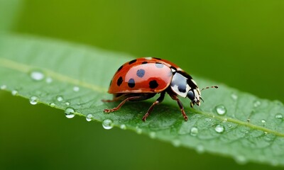 Fototapeta premium Macro Photograph of a Ladybug on a Leaf with Water Droplets Displaying Beauty and Detail