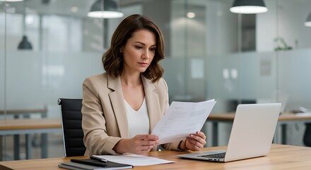 Concentrated Senior Businesswoman Working with Laptop and Paperwork in Bright Office Setting