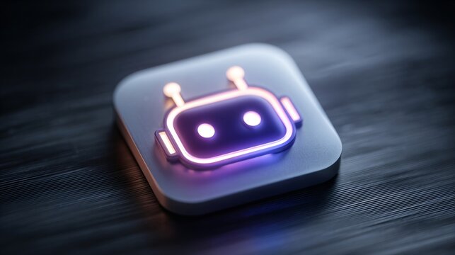 Robot icon glowing on a dark surface, symbolizing artificial intelligence and bot communication. AI technology concept for digital interaction.