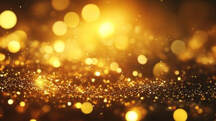 A dreamy close-up of golden bokeh lights scattered across a shimmering surface. The abstract, glowing orbs create a luxurious and festive atmosphere, evoking warmth, beauty, and vibrant energy.