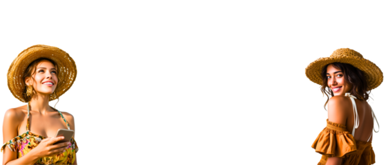 summer travelers,  beautiful brunette adult women, holiday makers, holding a mobile phone isolated over white (transparent) background