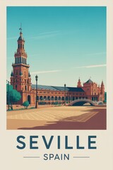Naklejka premium Vintage Travel Poster of Plaza de España in Seville, Spain