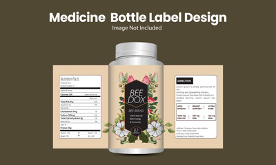 Natural Medicine Bottle Label Design, Nutrition Facts, and Directions Panel for Branding Use.