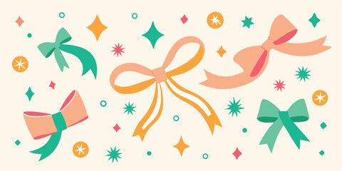 A charming collection of colorful bows and sparkling starbursts illustration perfect for summer vacation and decorative elements on a transparent background.