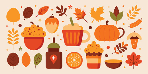 A delightful summer vacation illustration set featuring autumnal elements including pumpkins leaves and coffee mugs great for design projects.