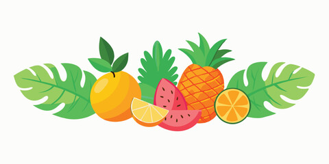 A vibrant summer illustration set of tropical fruits including pineapple orange watermelon and citrus with lush green leaves perfect for any project