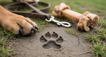 Dog paw print mud bone leash canine pet animal domestic mammal nature outdoor walk adventure trail ground
