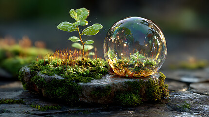 lush moss-covered ground, crystal clear glass orb, small plant sprout, natural forest background, detailed, photorealistic, magical, fantasy, ethereal, cinematic lighting, 8k