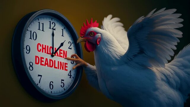 Chicken urgency: rooster pointing at deadline clock in dramatic progression