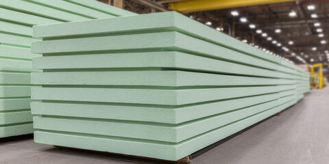 Stacks of green foam panels are neatly arranged on a warehouse floor, extending into the distance. Industrial supply storage
