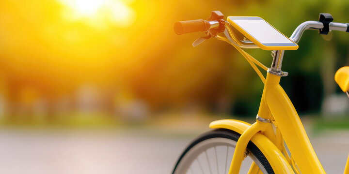 Yellow bicycle with a smartphone holder is parked outdoors under warm sunlight. Mobility, technology, sunny day