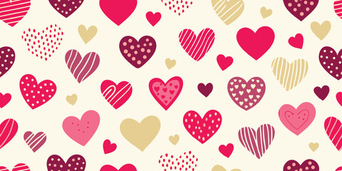 Decorative seamless repeating pattern featuring hearts of various styles and colors perfect for seasonal summer vacation illustrations.