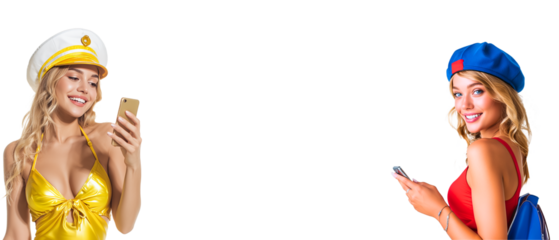 blank banner with waist up professional model photo with 2 summer travelers, holiday makers holding a mobile phone isolated over white (transparent) background