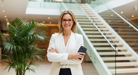 Confident, elegant blonde businesswoman smiling with arms crossed, holding a smartphone in a modern office lobby with a stylish staircase. Professional success.