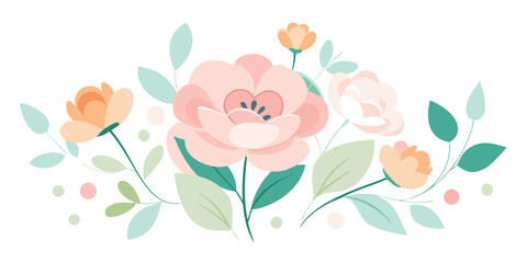 Elegant floral arrangement featuring pastel pink and peach flowers and green leaves decorative element suitable for various design projects