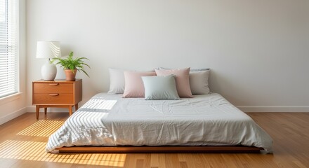 Bright and minimalist mid-century style bedroom with wood flooring, pastel pillows, and sunlight streaming through blinds, creating a calm and cozy space.