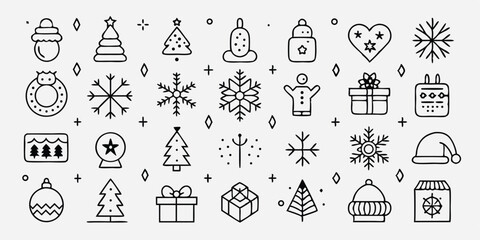 Hand drawn festive seasonal design elements including snowflakes christmas trees gift boxes hats and various decorations for summer vacation illustration set
