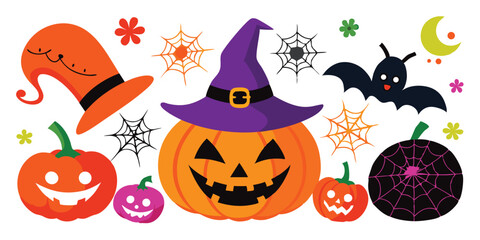 Festive halloween illustration featuring smiling pumpkins witch hat spooky spiderwebs bats moon and decorative flowers perfect for a fun summer vacation