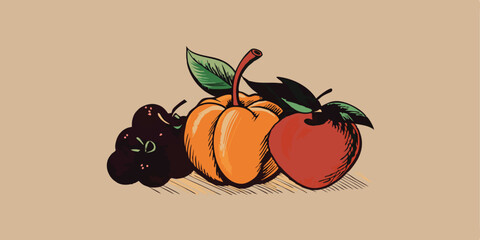 Hand drawn style illustration of a vibrant collection of ripe fruits, ideal for summer vacation illustration set design projects showcasing fresh and delicious produce