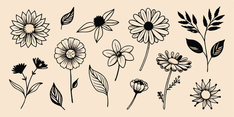 Hand-drawn floral vector illustration set of various flowers and leaves in a minimalist aesthetic perfect for creating a summer vacation illustration set