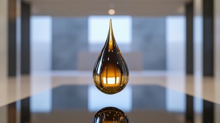 A stunning amber drop hovers gracefully above a shiny black surface, beautifully illuminated by soft lighting in a contemporary setting. The atmosphere exudes sophistication and simplicity