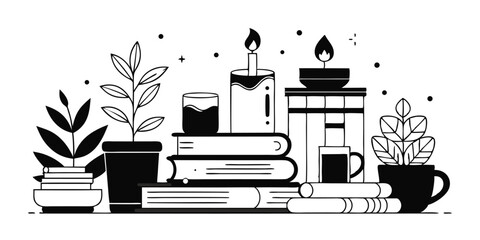 Minimalist black and white vector illustration featuring books candles plants and a cup ideal for relaxing time or summer vacation projects with artistic decorative elements.