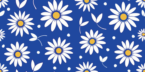 Repeating pattern of white daisy flowers and leaves with yellow center accents on a vibrant blue background for summer vacation illustration set.