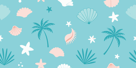 Seamless pattern featuring summer elements with shells starfish and palm trees perfect for digital design summer vacation illustration set