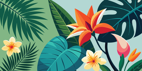Tropical floral arrangement with colorful flowers and lush green leaves on a light green background for a summer vacation illustration set.