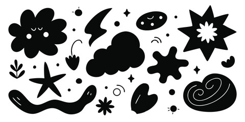 Unique abstract black shapes and elements arranged in a whimsical artistic composition ideal for a modern summer vacation illustration set design concept.