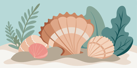 Stylized coastal illustration featuring seashells and foliage depicting summer vacation vibes suitable for various design projects