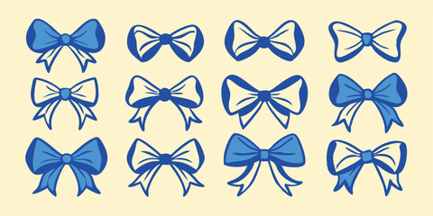 Twelve elegant blue bow illustrations in various styles ideal for summer vacation projects and embellishments suitable for design purposes.