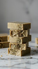 Stack of Organic Herbal Soap Bars with Dried Herbs on Marble