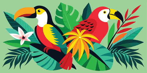 Vibrant illustration showcasing a colorful toucan and a scarlet macaw amidst lush tropical foliage perfect for summer vacation themes
