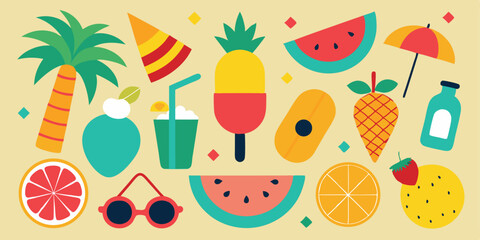 Vibrant summer vacation illustration set featuring fruits beach accessories and refreshing drinks on a white background
