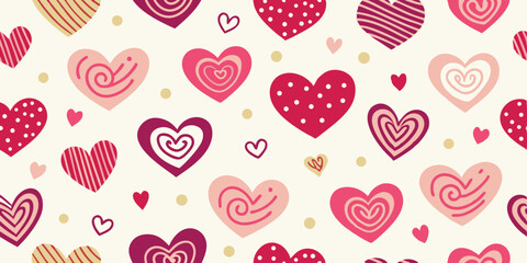 Whimsical vector hearts seamless pattern design in pink and burgundy colors perfect for summer vacation illustration set for various love or valentine's day projects