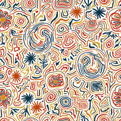 Fototapeta premium Vibrant Abstract Seamless Pattern with Swirling Lines and Floral Motifs