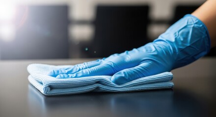 Hand in blue glove cleaning a surface with a microfiber cloth
