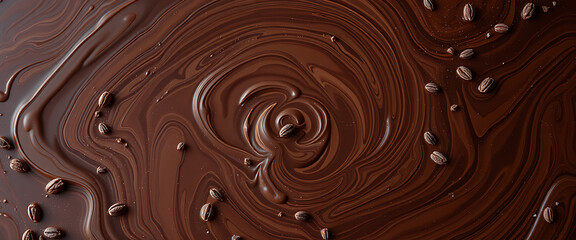 dark chocolate background | close-up of rich, swirled chocolate featuring scattered coffee beans, exuding luxury and indulgence. Useful for illustrating culinary concepts, desserts, or food themes