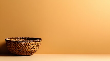 Fototapeta premium A beautifully crafted wicker basket rests on a smooth surface, its intricate weaving contrasting with the soft, warm hue of the wall behind it. The minimalist design highlights its natural beauty