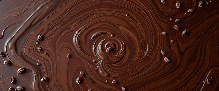 dark chocolate background | close-up of rich, swirled chocolate featuring scattered coffee beans, exuding luxury and indulgence. Useful for illustrating culinary concepts, desserts, or food themes