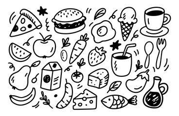 Set of different products in doodle style. Hand drawn line art sketch  illustration